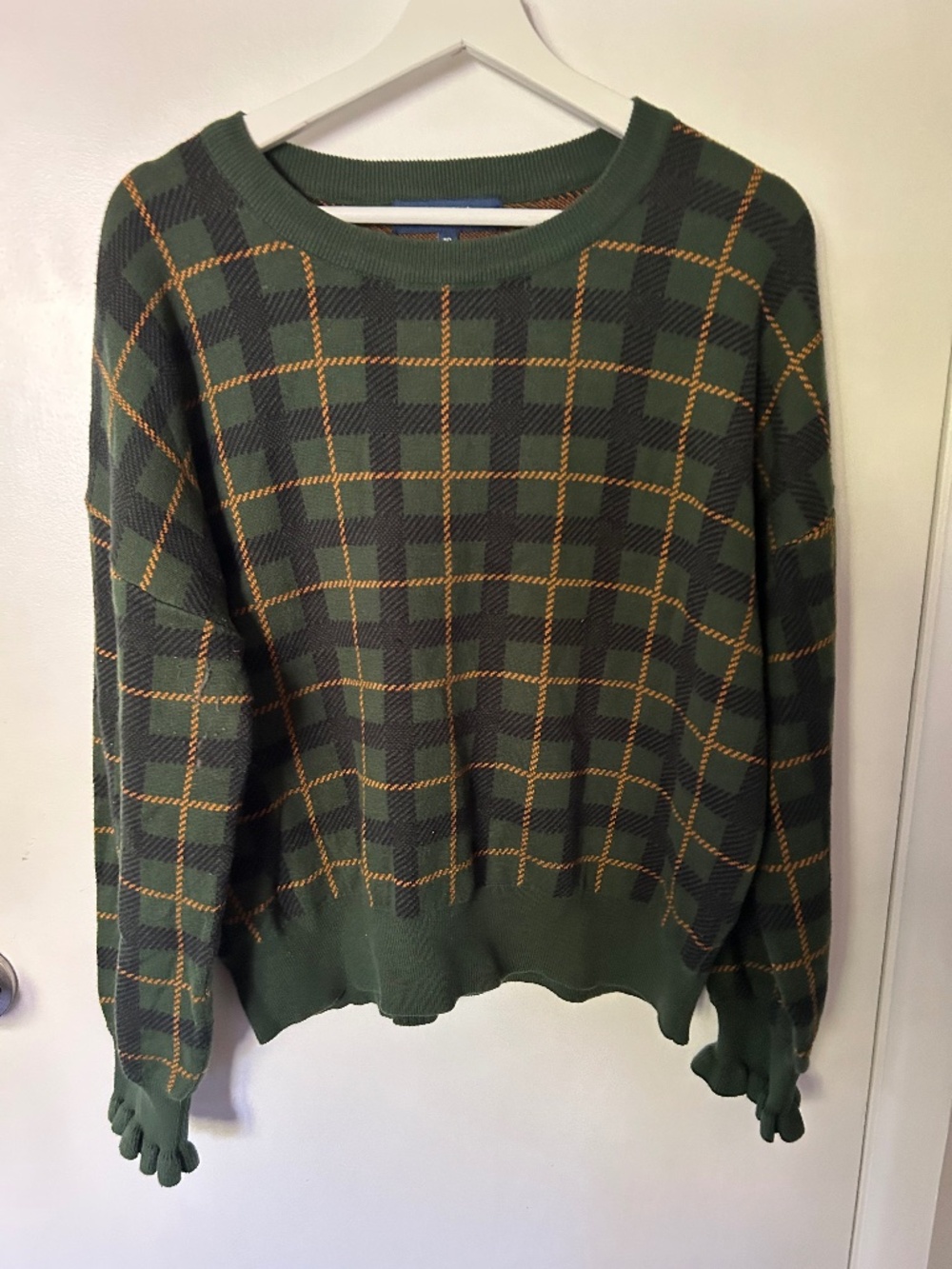 Princess Highway - UK 16 - Hunter Green Plaid, Ruffle Sleeve Cuffs Sweater